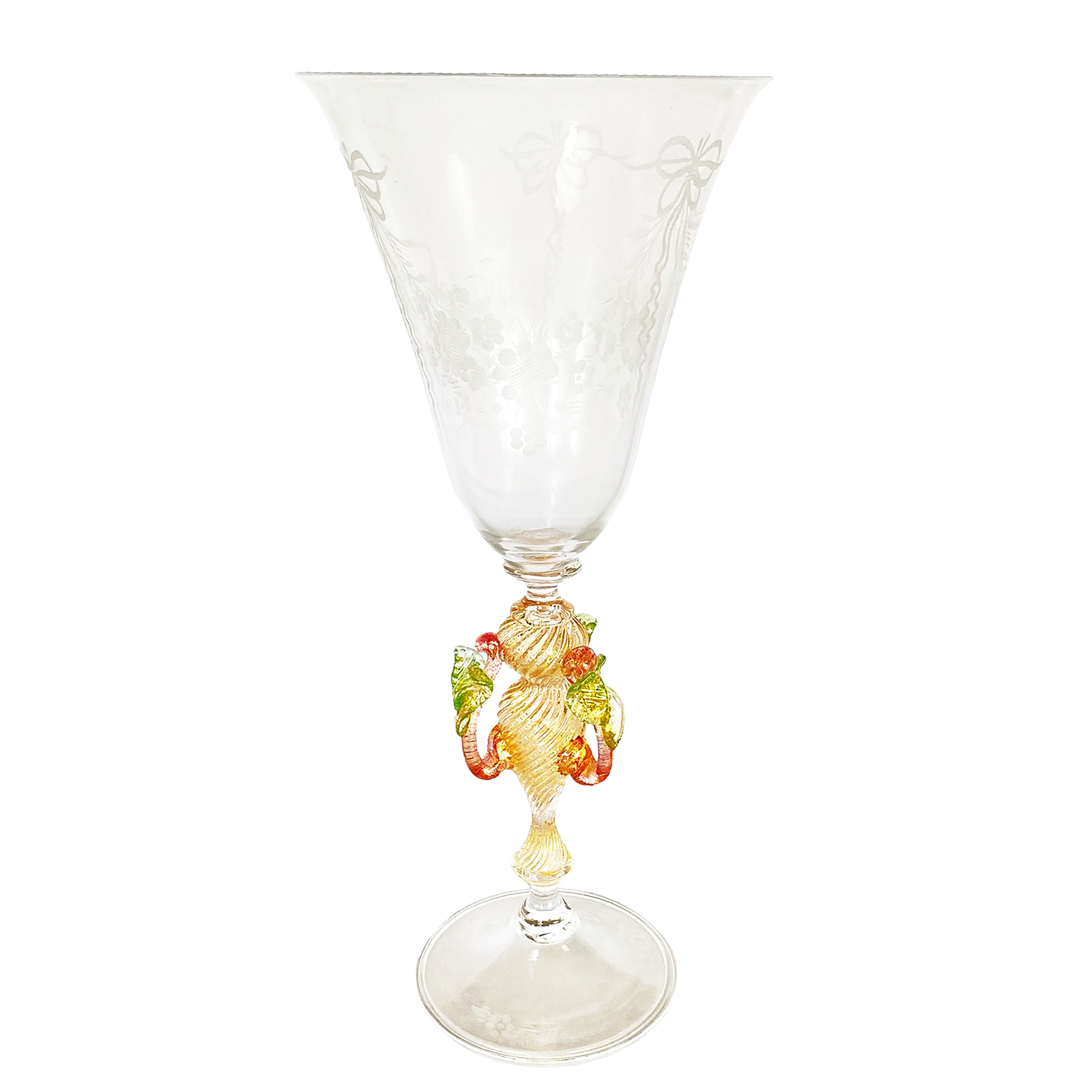 Venetian MURANO Etched Italian Signed Vintage Hand Blown Glass Goblet In Excellent Condition In Boston, MA