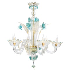 Venetian Murano Glass 6-Light Chandelier in White and Blue