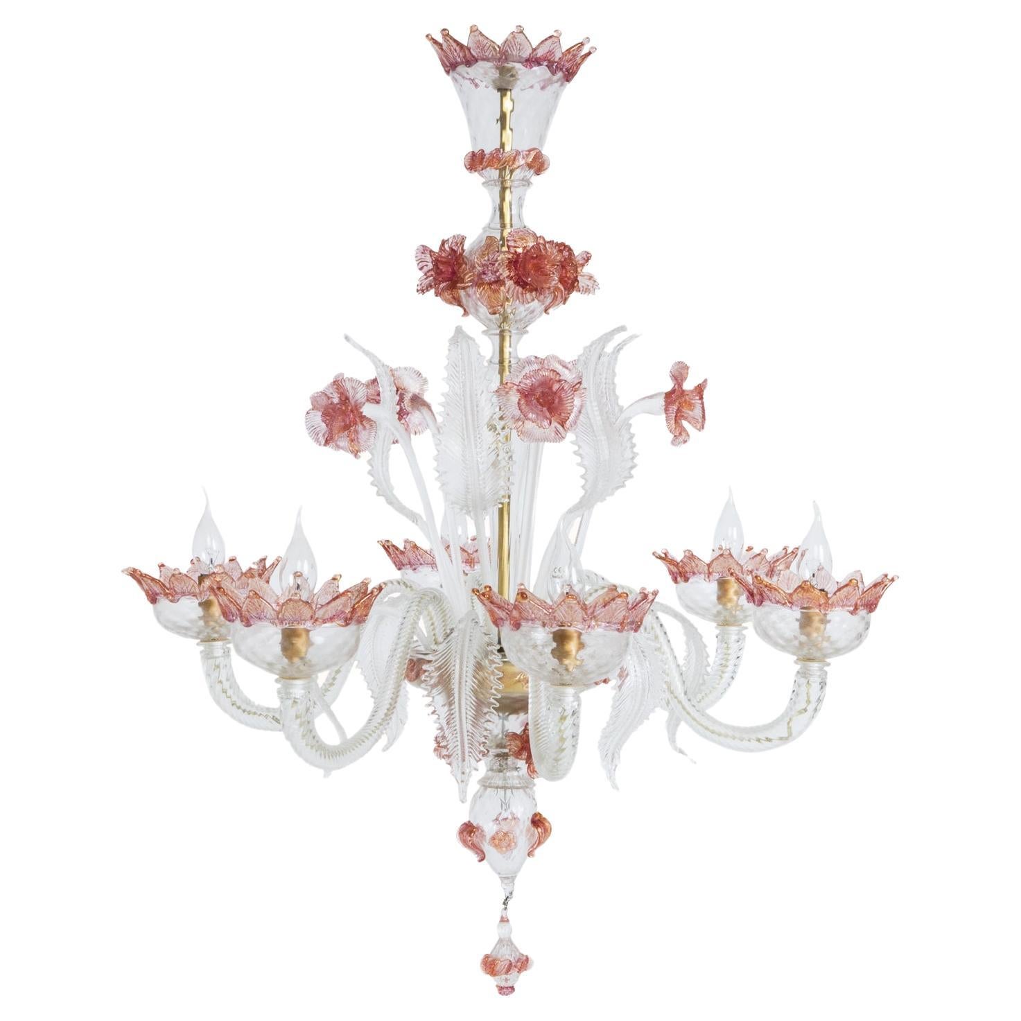 Venetian Murano Glass 6-Light Chandelier in White and Pink