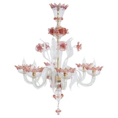 Venetian Murano Glass 6-Light Chandelier in White and Pink