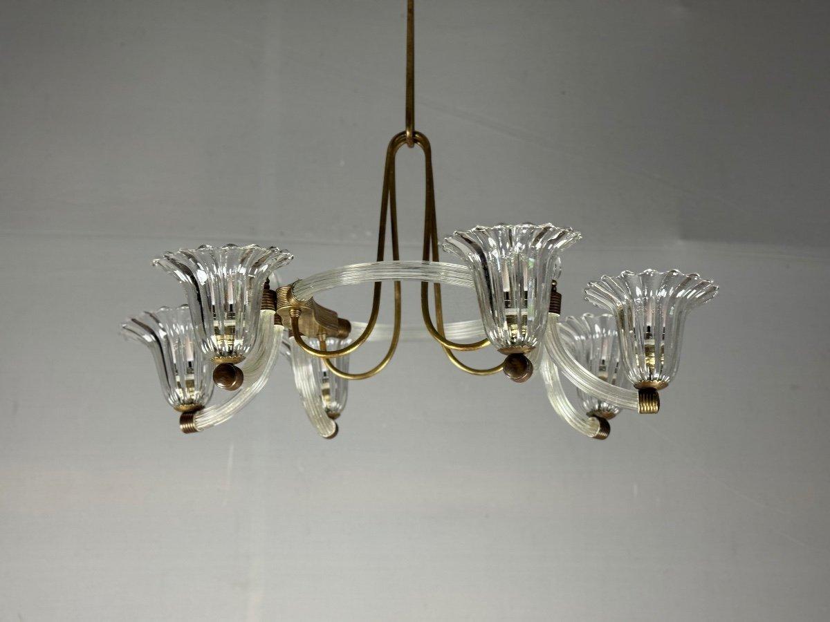 Art Déco Lampadario in vetro di Murano e ottone del 1950 circa in vendita