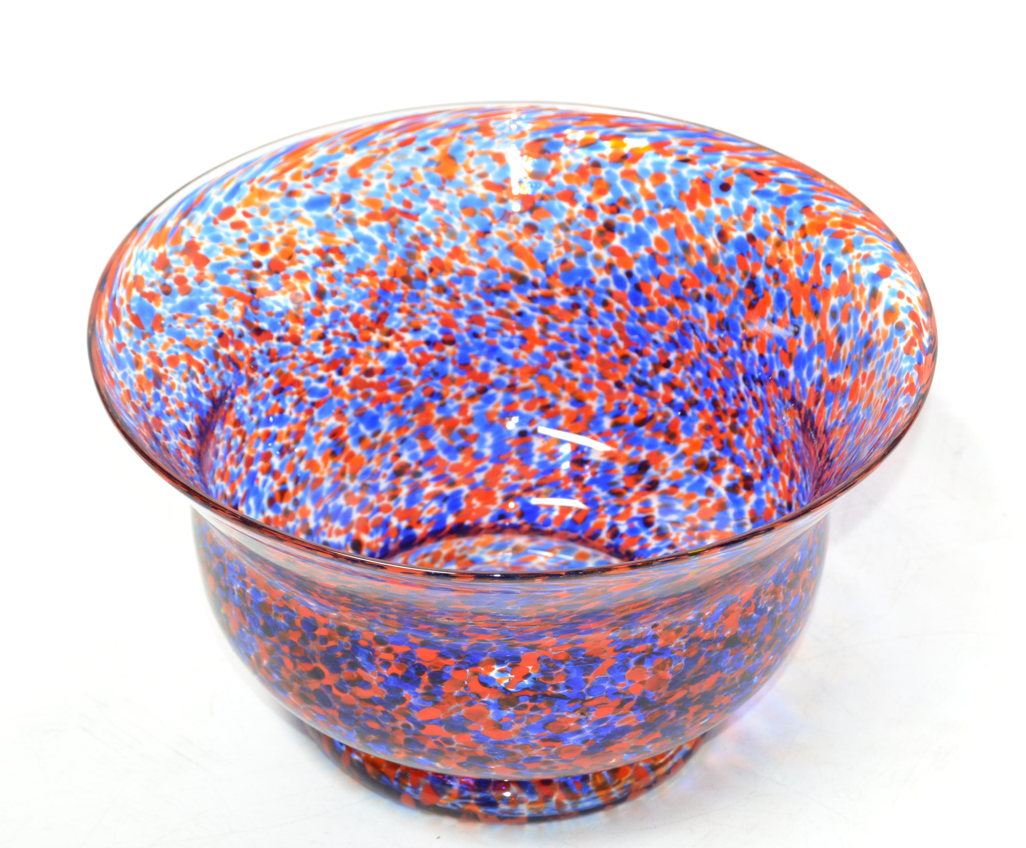 Italian Venetian Murano Glass Bowl in Orange and Blue Sprinkles Italy 1970 For Sale