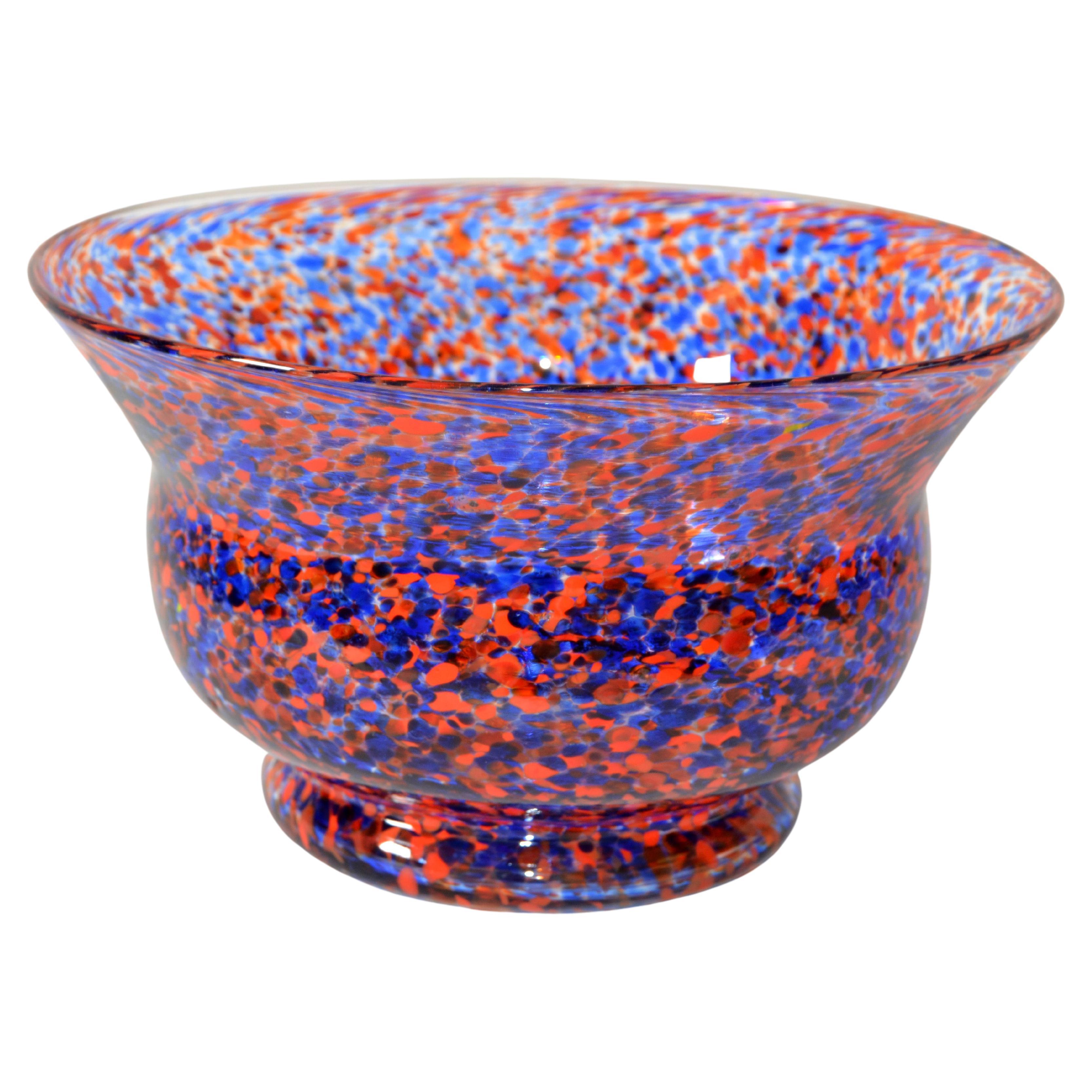 Venetian Murano Glass Bowl in Orange and Blue Sprinkles Italy 1970