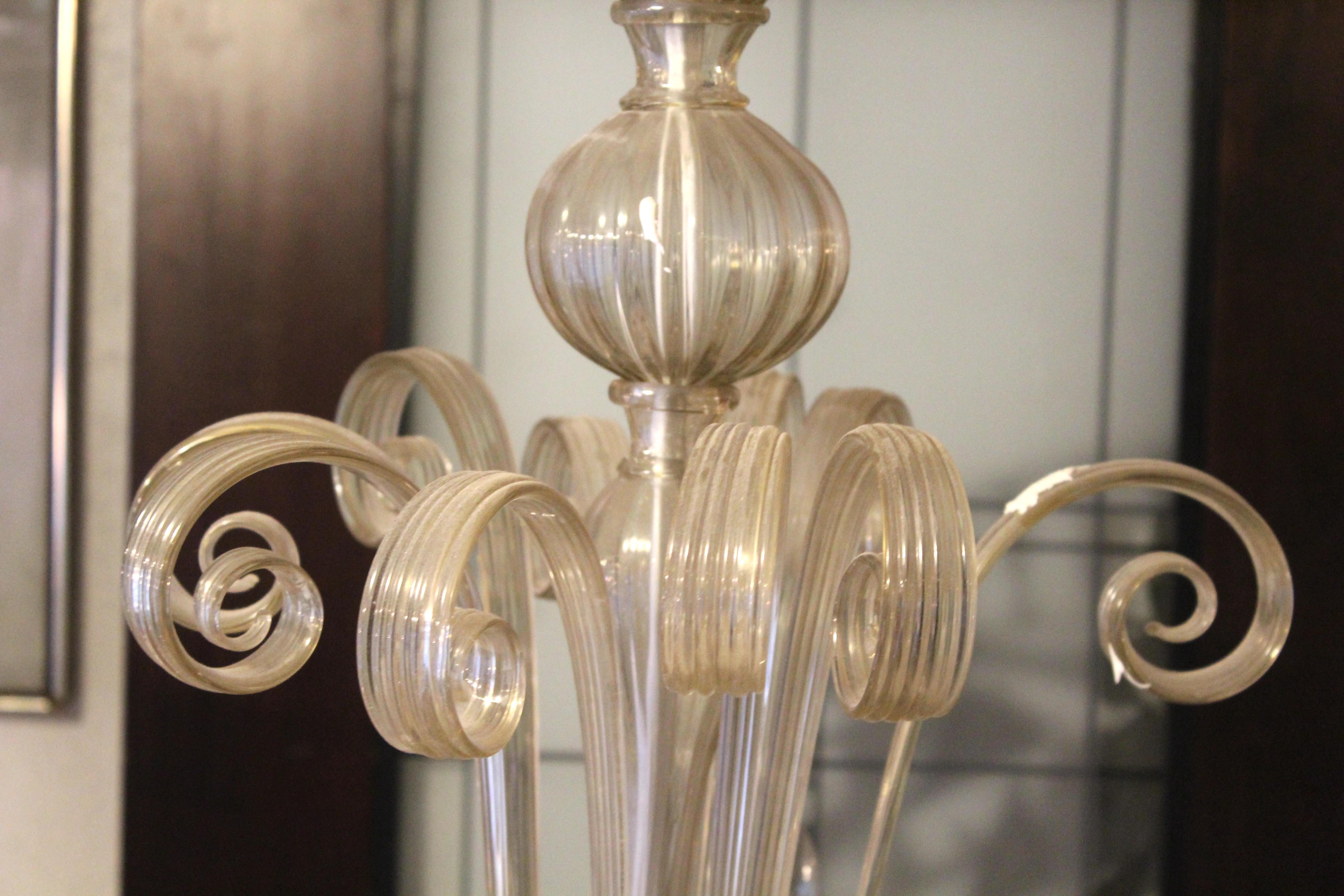 Lampadario a sei bracci in vetro di Murano. I portalampada sono scanalati sotto le prese dei candelabri e presentano piume a scorrimento tra un braccio e l'altro.
Si prega di confermare la posizione NY o NJ