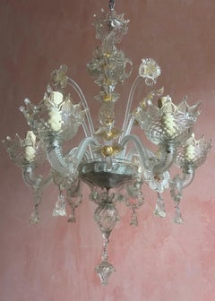 Venetian Murano Glass Chandelier with Gold Accents 1980s Italy