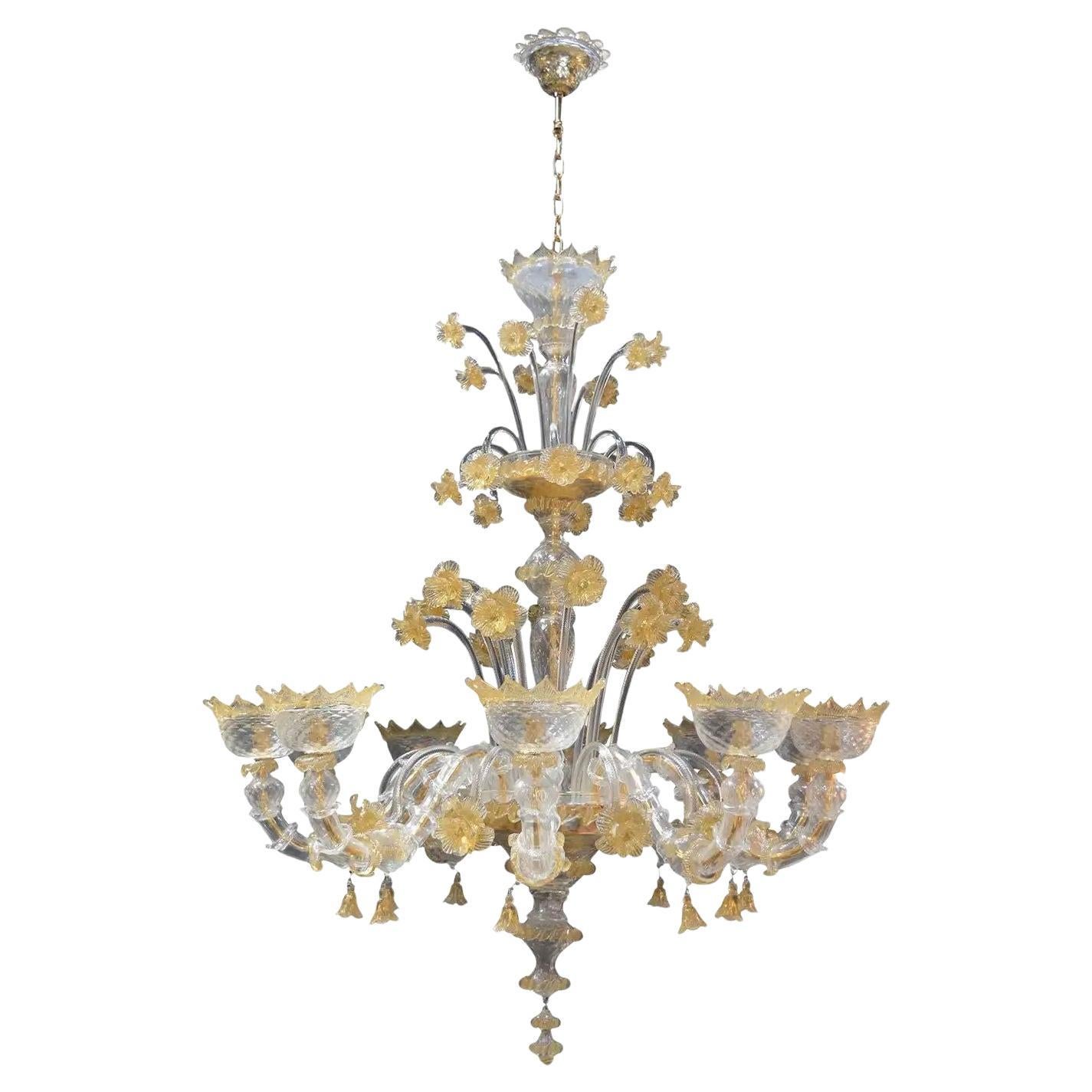 Venetian Murano Glass Chandelier with Gold Flecked Floral Details, Italy 21st C. For Sale