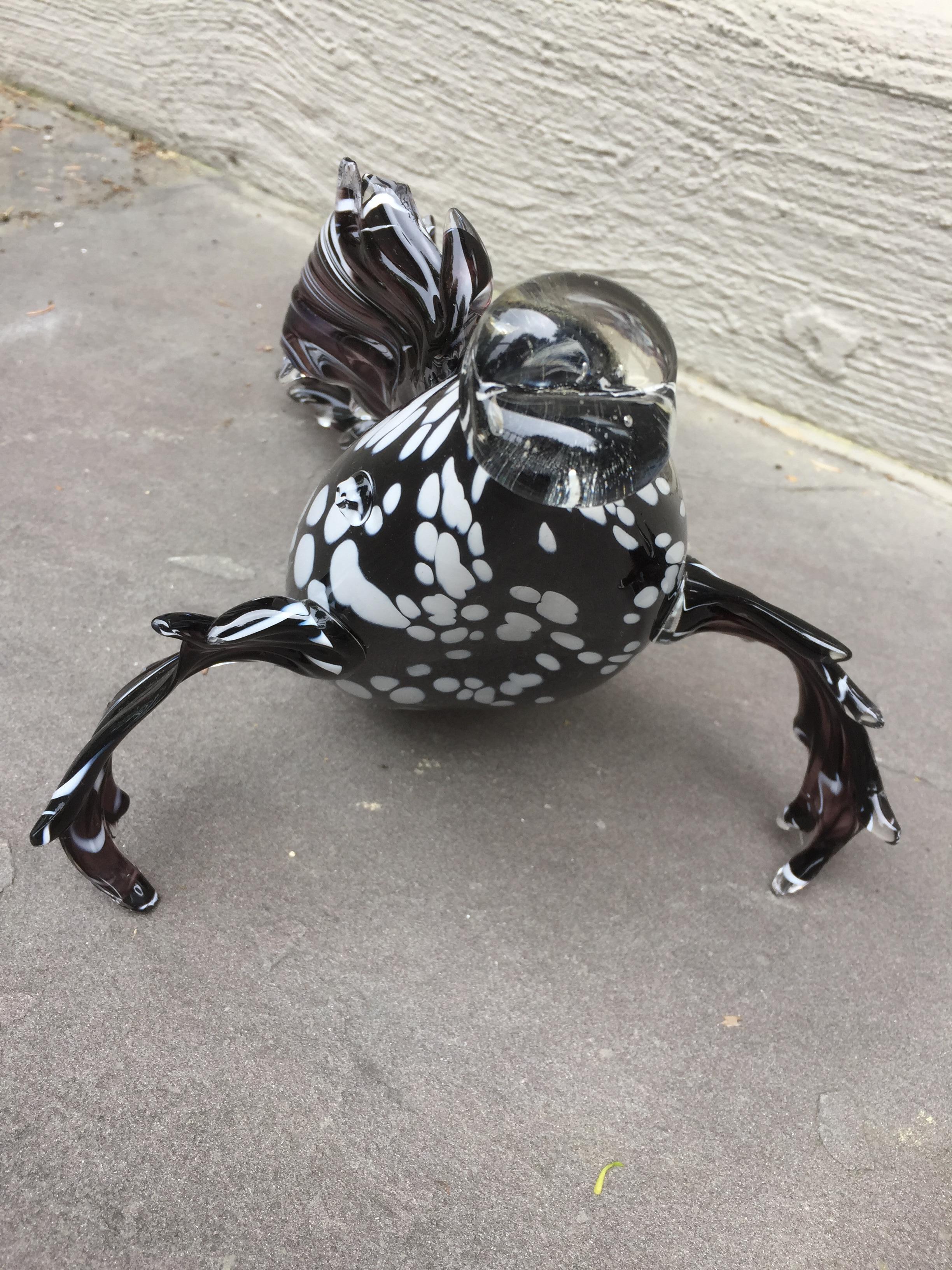 Venetian Murano glass fish sculpture, late 20th century 
Italian Venetian, fish sculpture, blown Murano glass, black and white 

The abstract fish is a massive opaque transparent blown glass, with red, black, white stripes along the body. The
