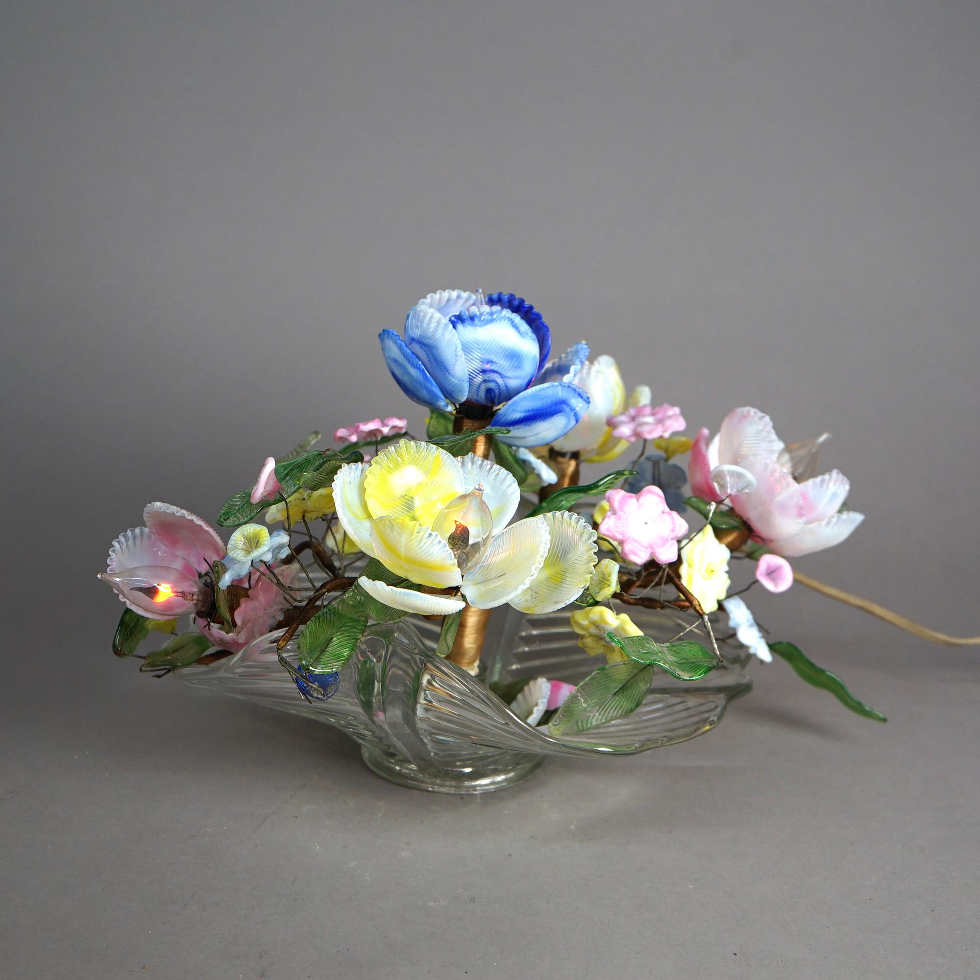 Venetian Murano Glass Floral Shell Centerpiece Table Lamp C1950 In Good Condition In Big Flats, NY
