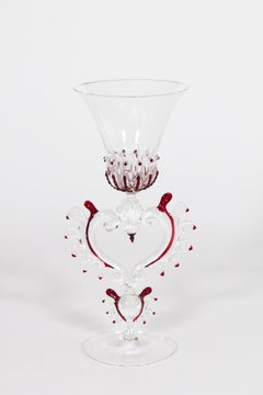 Venetian Murano Glass Lyre Stem Goblet with Red Accents, 1980s