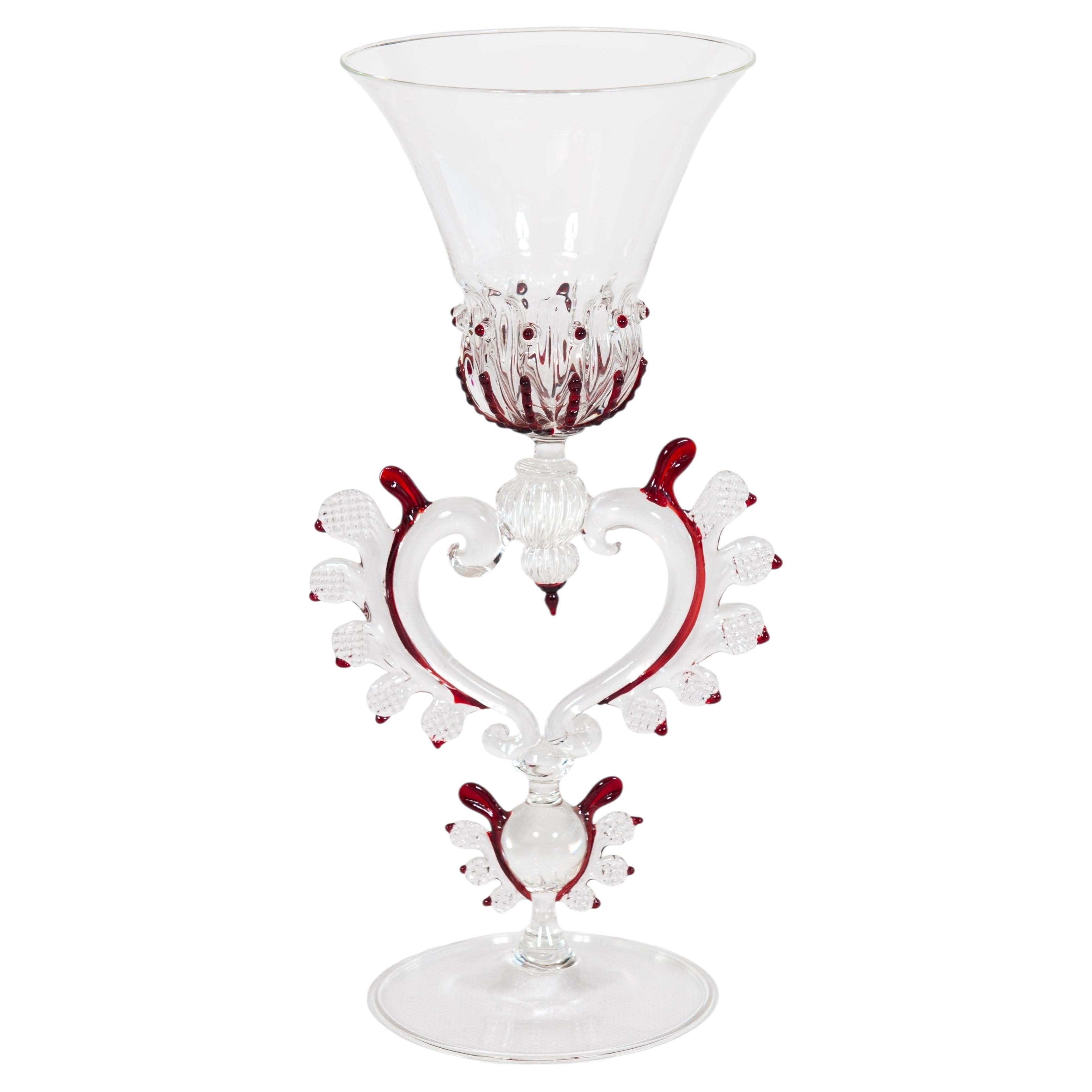 Venetian Murano Glass Lyre Stem Goblet with Red Accents, 1980s