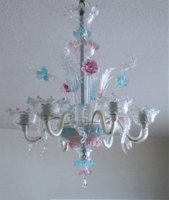 Lustre vénitien de Murano fabriqué à la main en verre turquoise transparent et rose, Italie