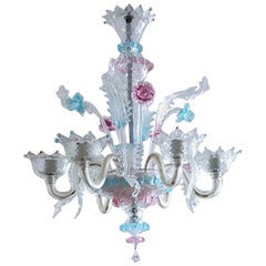 Venetian Handcrafted Murano Chandelier in Clear Turquoise and Pink Glass, Italy