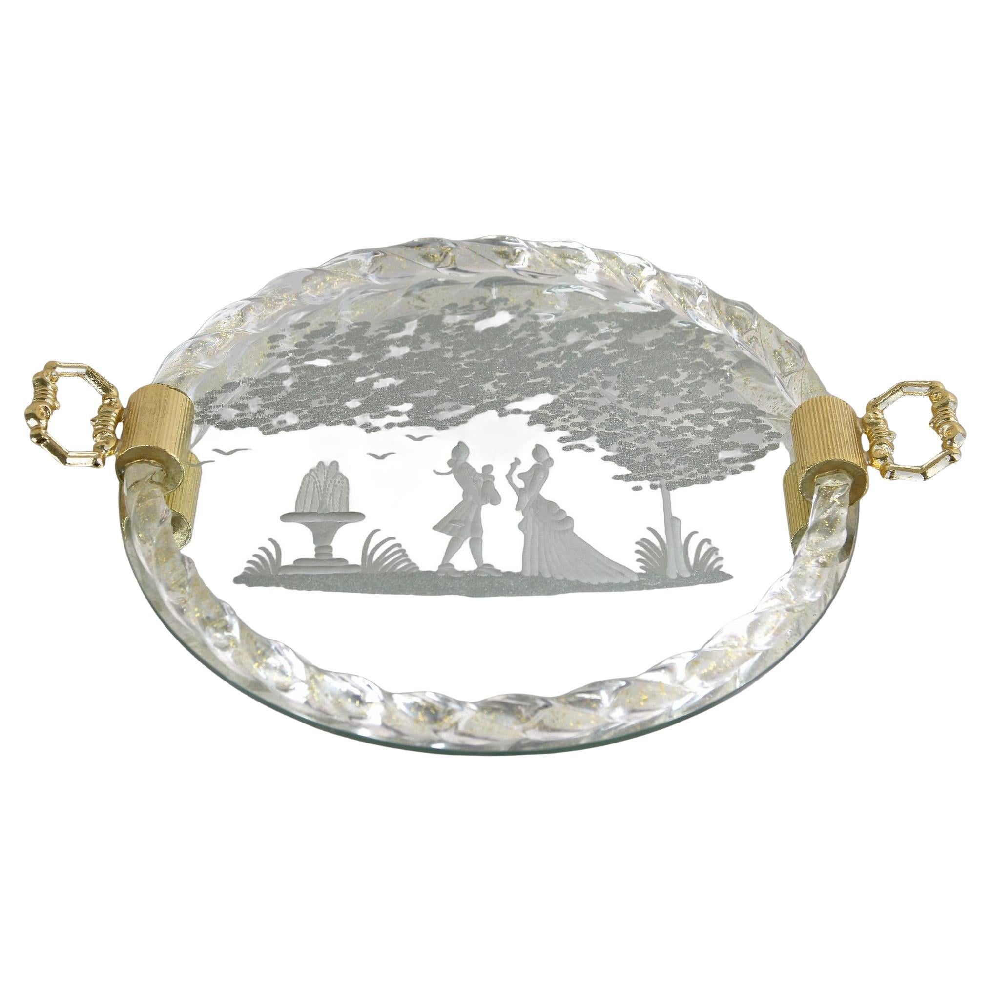 Bandeja/plato de cristal de Murano veneciano con grabados, escamas de oro de 24 quilates, IT ca. 1960