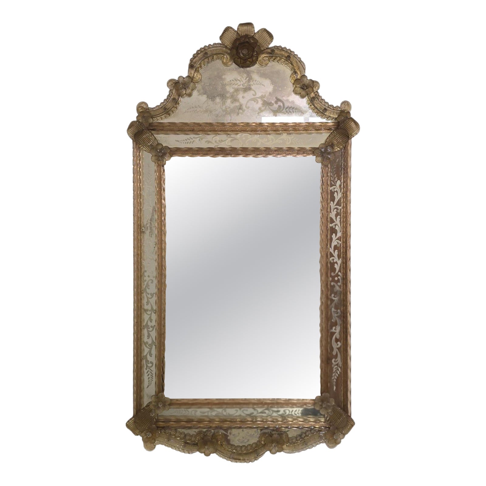 Venetian Murano Glass Wall Mirror with Floral Engraving and Amber Details, 20th