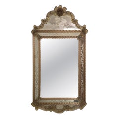 Venetian Murano Glass Wall Mirror with Floral Engraving and Amber Details, 20th