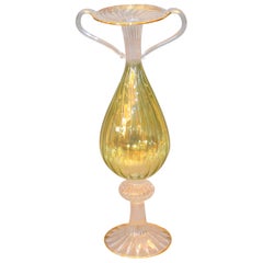 Venetian Murano Gold Green and Clear Hand-Blown Art Glass Tall Flower Vase