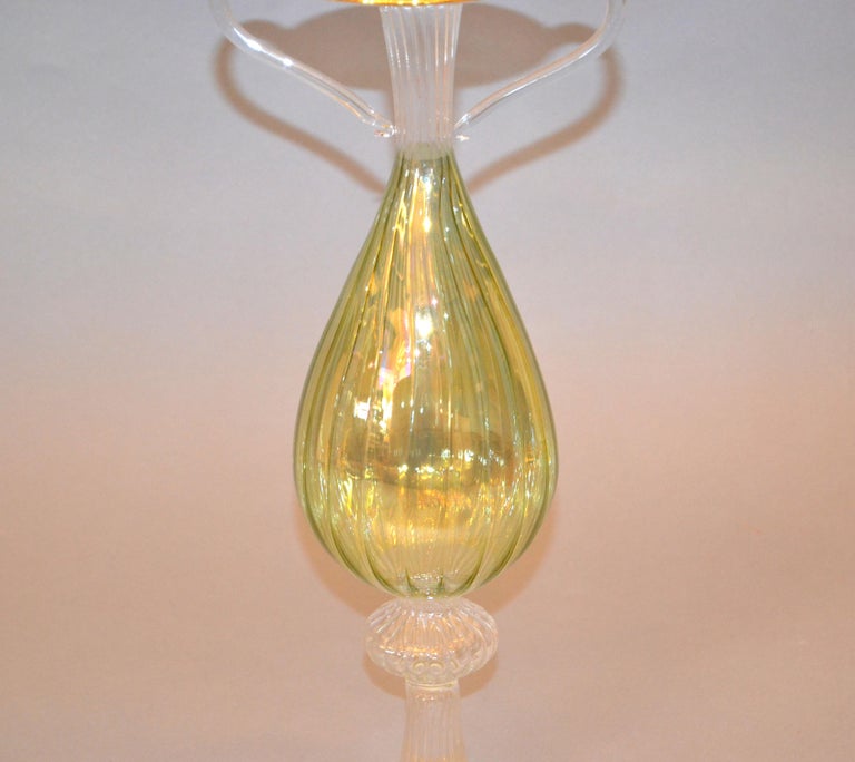 Murano Gold, Green and Clear Hand Blown Art Glass Tall Flower