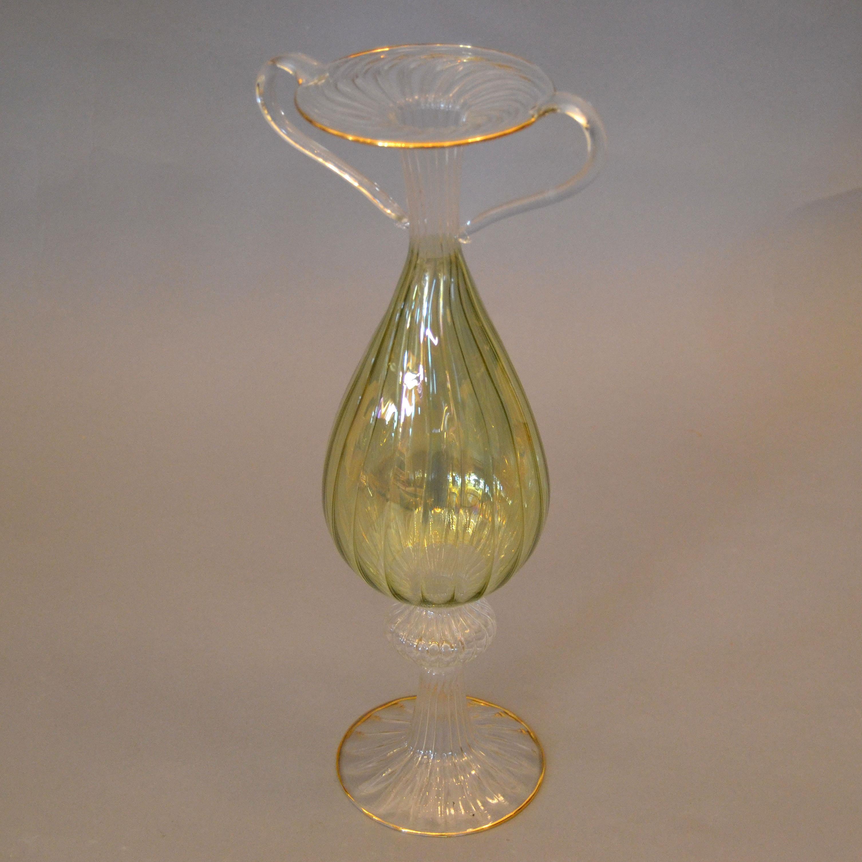 Italian Venetian Murano Gold Green and Clear Hand-Blown Art Glass Tall Flower Vase For Sale