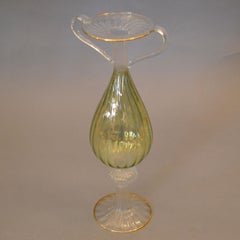 Venetian Murano Gold Green and Clear Hand-Blown Art Glass Tall Flower Vase