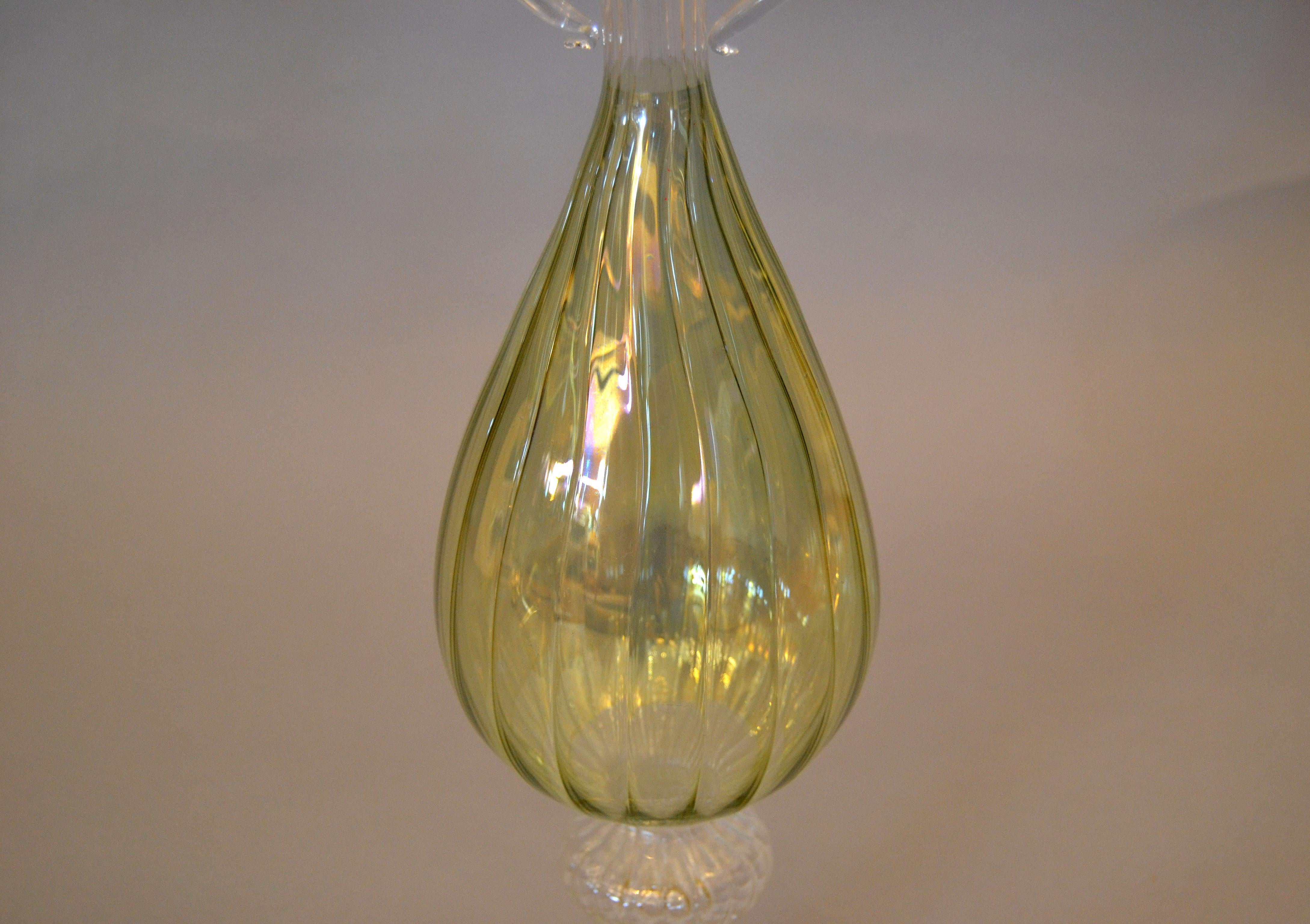 Hand-Crafted Venetian Murano Gold Green and Clear Hand-Blown Art Glass Tall Flower Vase For Sale