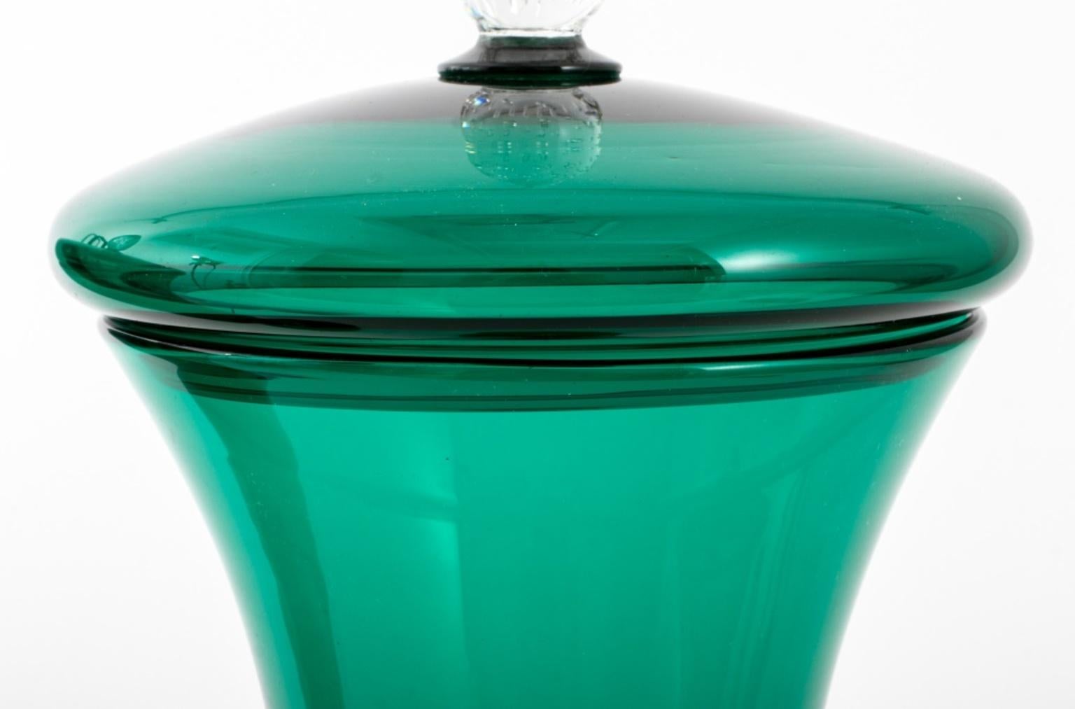 Venetian Murano Green and Colorless Glass Jars, Pair In Good Condition For Sale In New York, NY