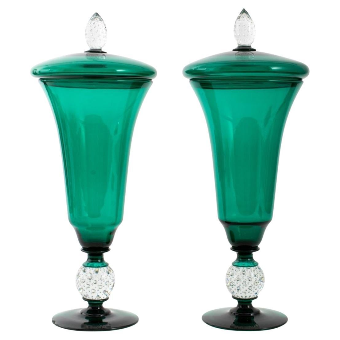 Venetian Murano Green and Colorless Glass Jars, Pair For Sale