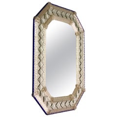 Venetian Murano Mid-Century Modern Neoclassical Clear & Blue Ribbon Glass Mirror