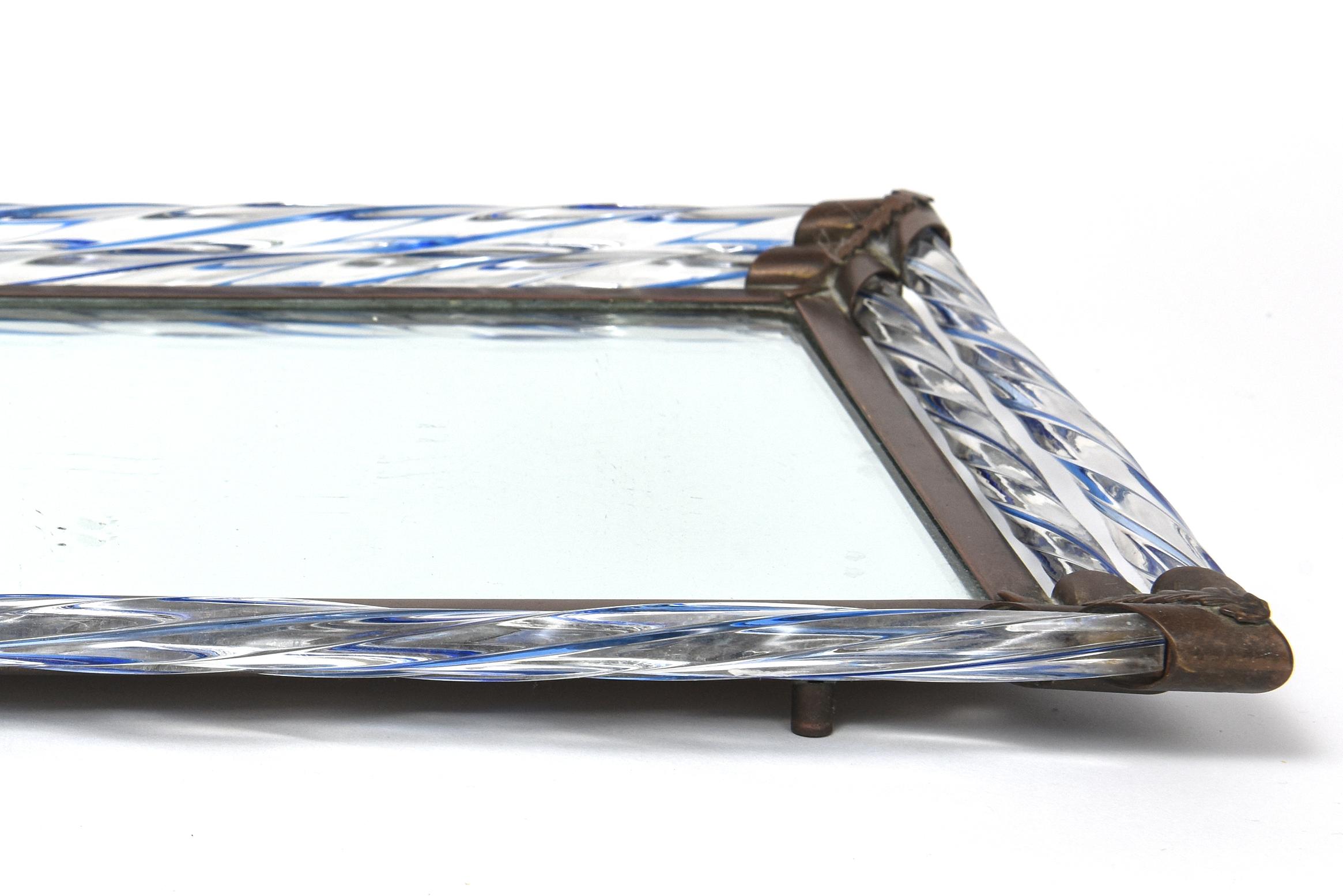 Venetian Murano Mirror Tray with Twisted Blue Glass Rods Brass Hardware For Sale 6