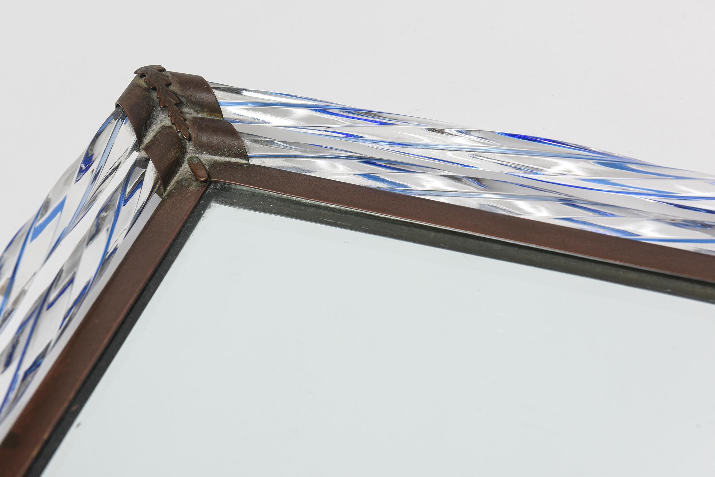 Venetian Murano Mirror Tray with Twisted Blue Glass Rods Brass Hardware In Good Condition For Sale In Miami Beach, FL