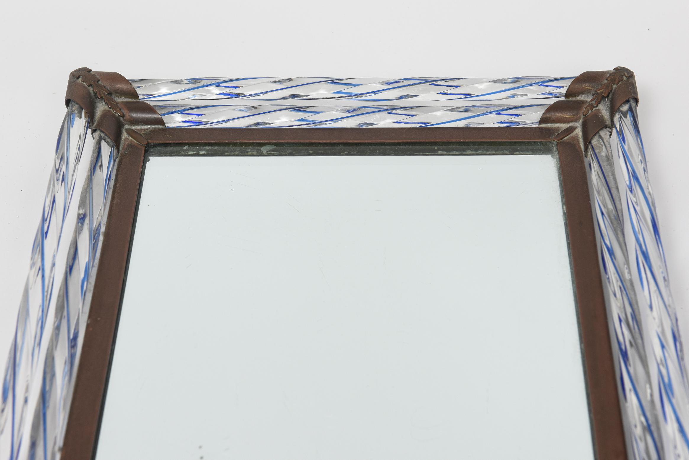 Venetian Murano Mirror Tray with Twisted Blue Glass Rods Brass Hardware For Sale 1