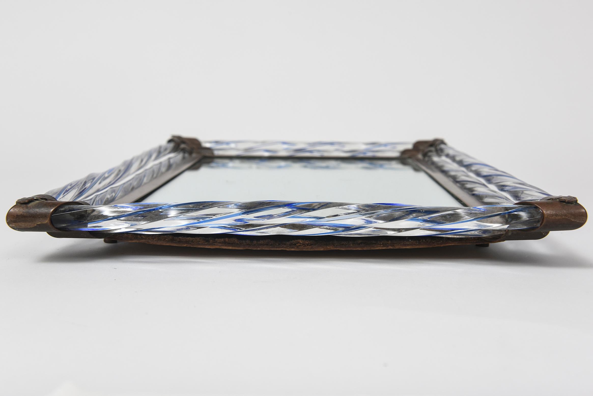 Venetian Murano Mirror Tray with Twisted Blue Glass Rods Brass Hardware For Sale 3