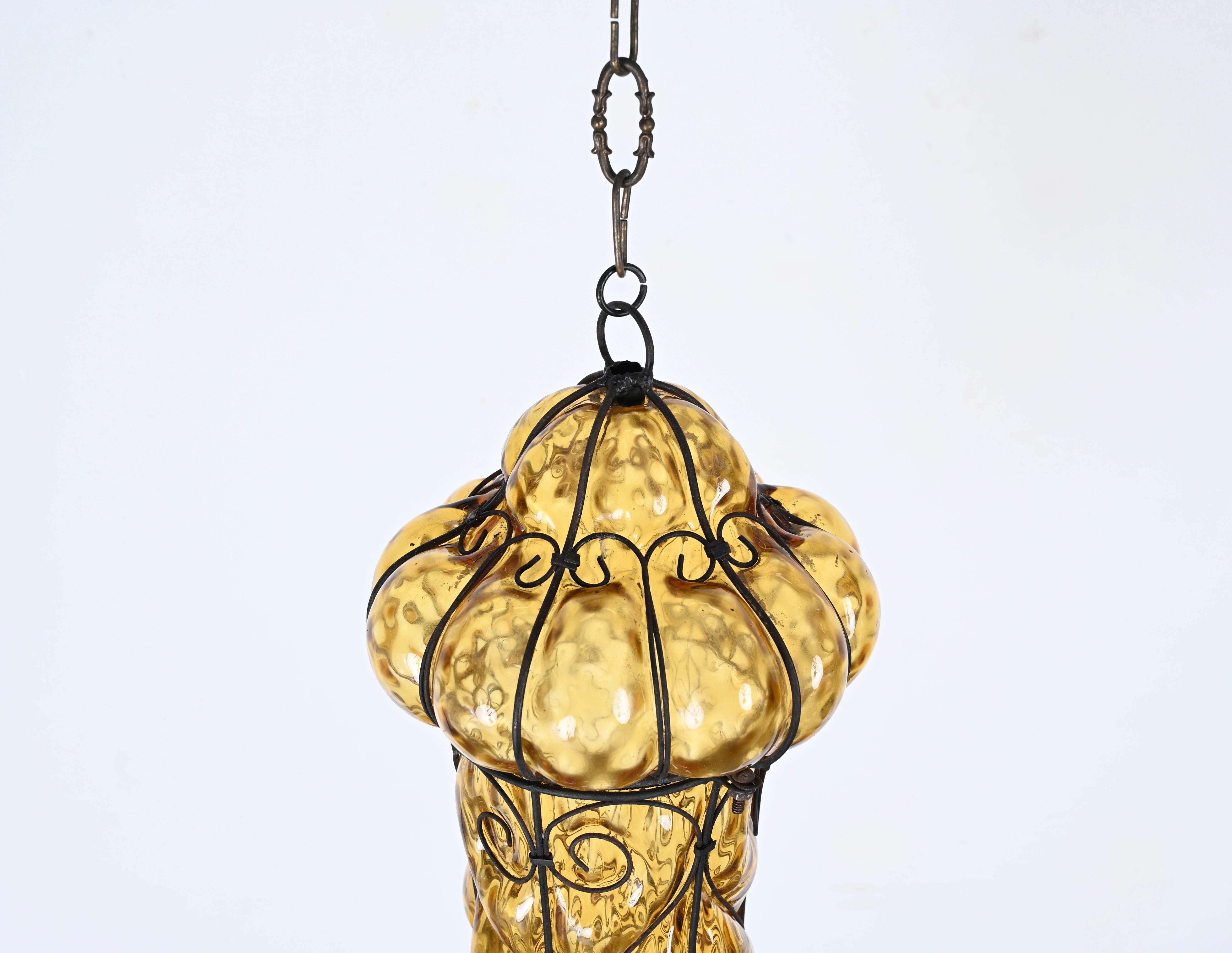 Venetian Murano Mouthblown Amber Glass Chandelier with Iron Frame, Italy 1940s 3