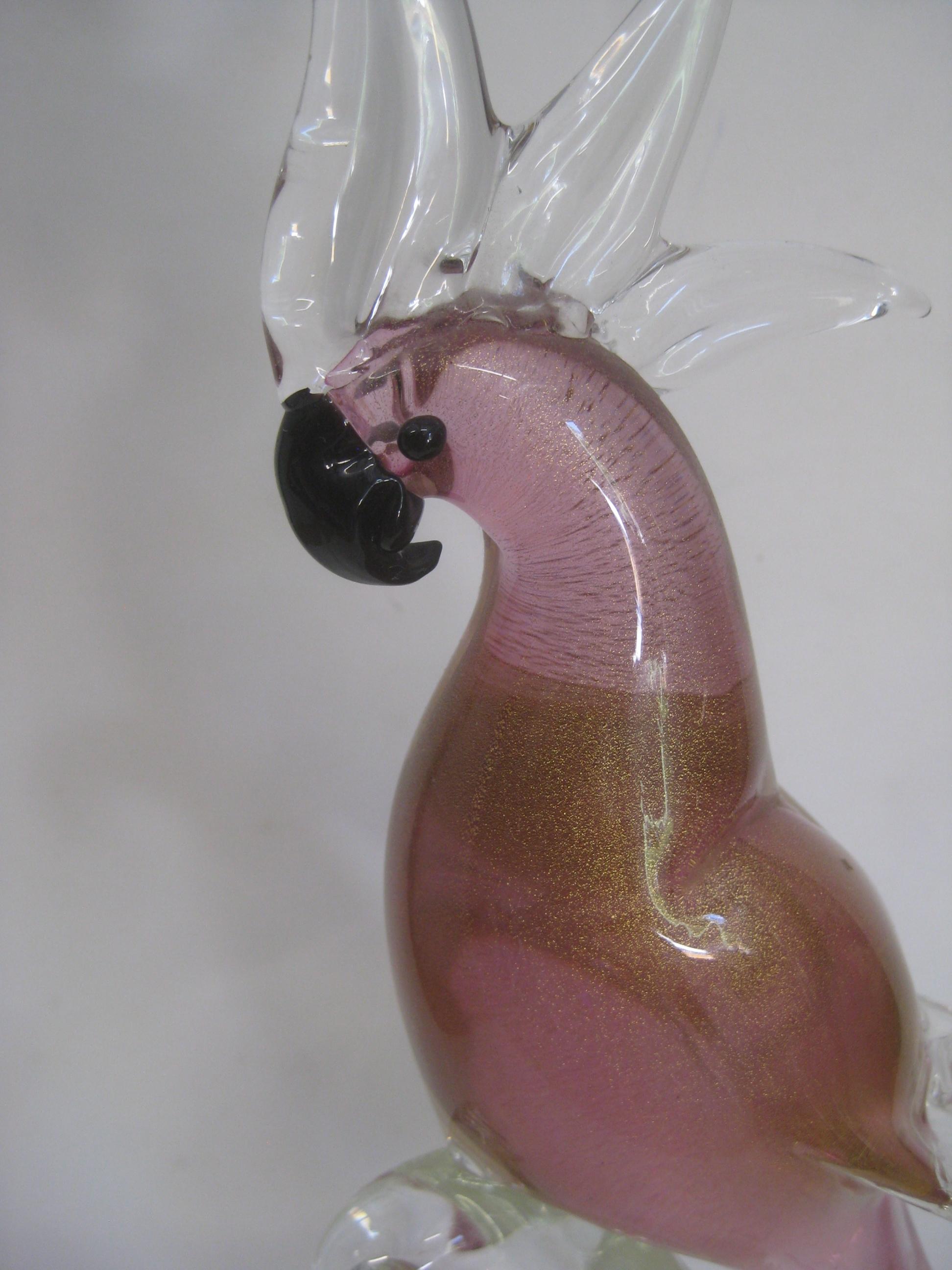 Fait main Sculpture d'oiseau Cockatoo en verre d'art vénitien de Murano par Oggetti Sommeroso, Italie