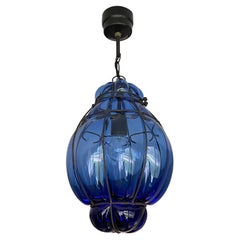 Venetian Murano Pendant Light with Mouth Blown, Rare Saffire Blue Glass in Frame
