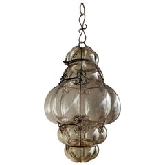 Great Venetian Murano Pendant Light with Mouthblown Smokey Amber Glass in Frame