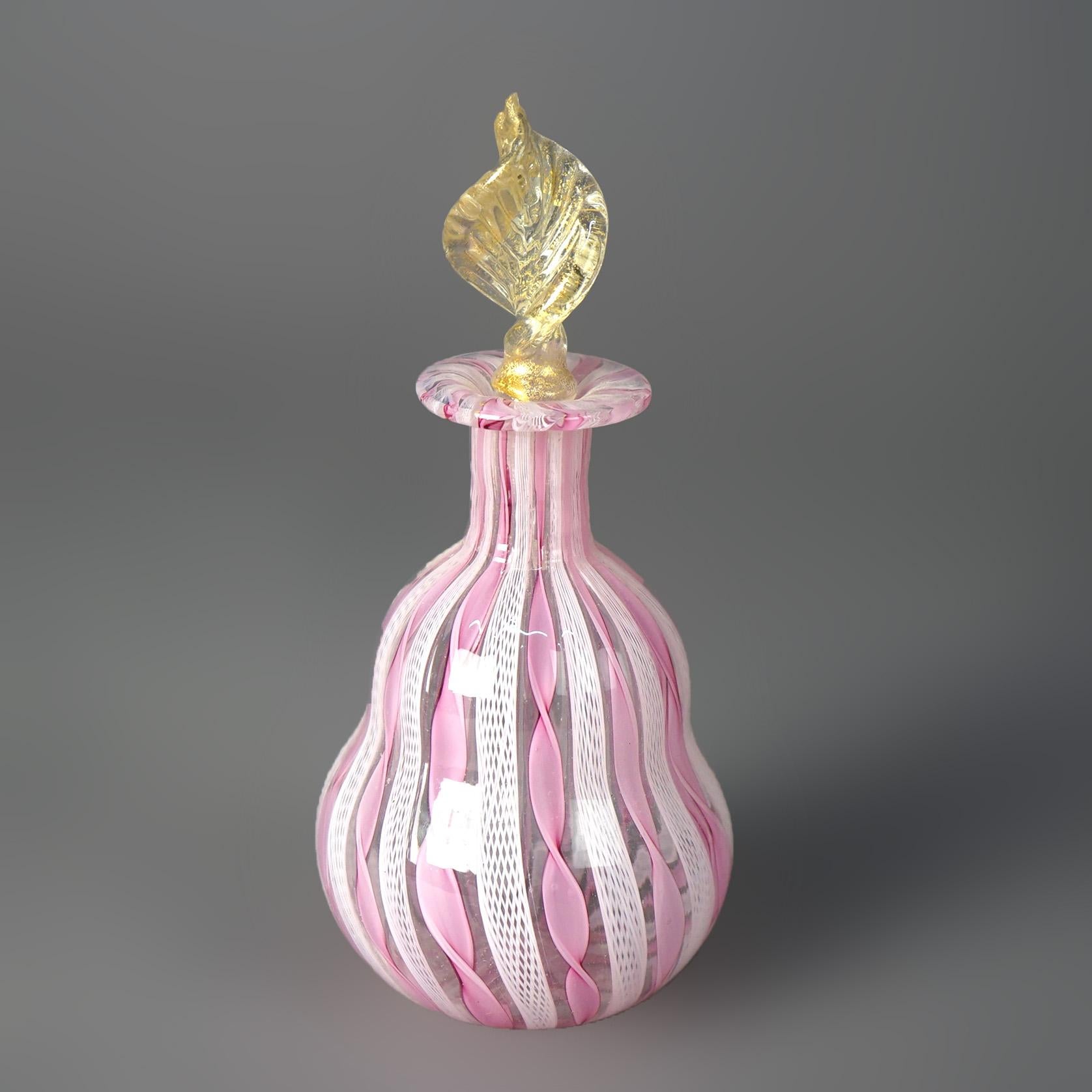 Venetian Murano perfume offers pink and white ribbon art glass construction in gourd form with stylized flame finial, 20th century

Measures - 6.l5