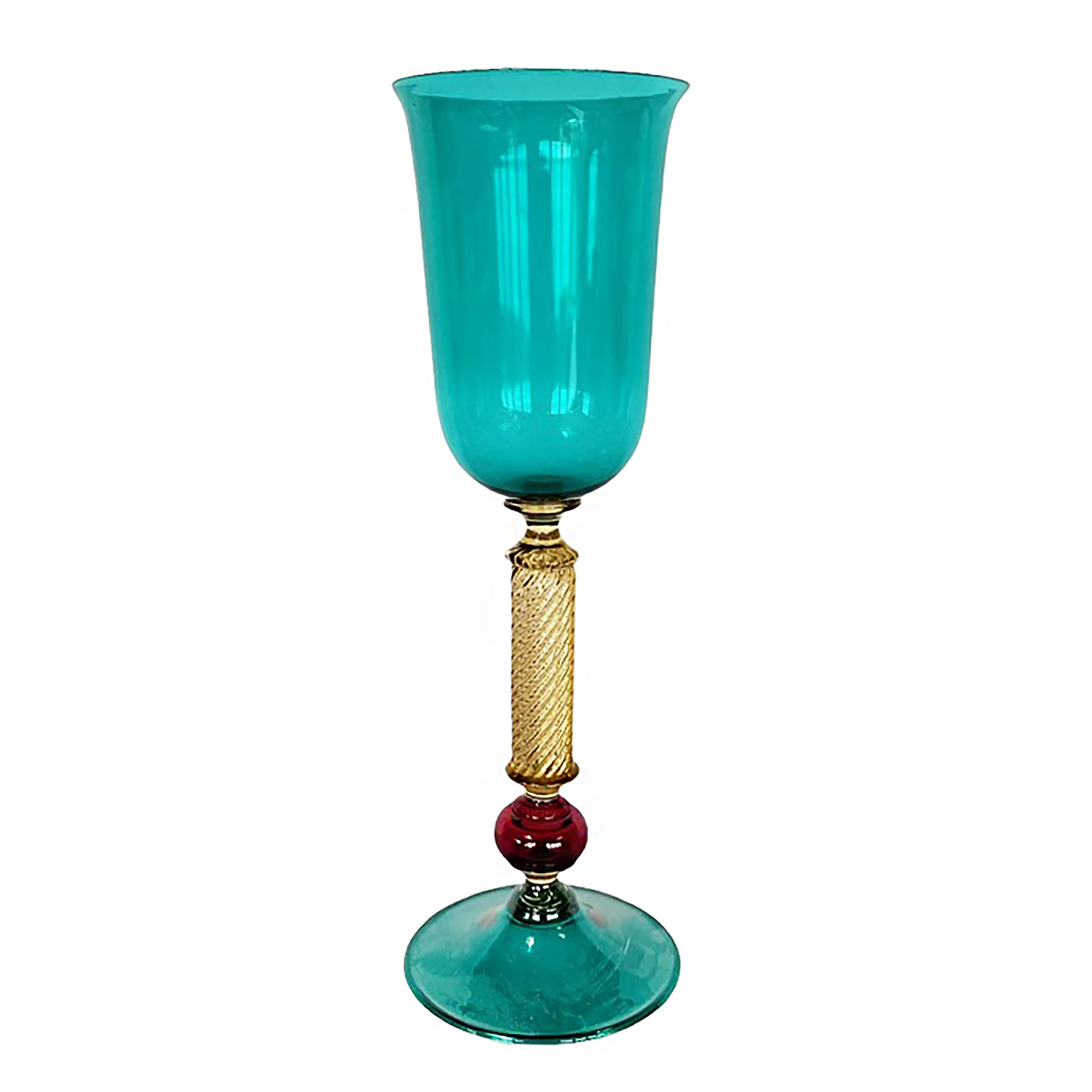 Blue Venetian Murano signed Italian Vintage Hand Blown Glass Goblet - emerald gold