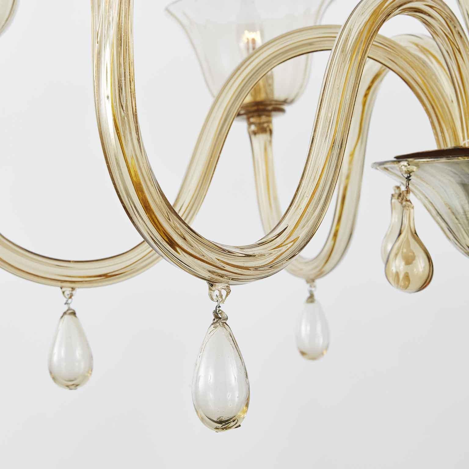  Venetian Murano Smoked Blown Glass Chandelier 1920s Venini Style In Good Condition In Milan, IT