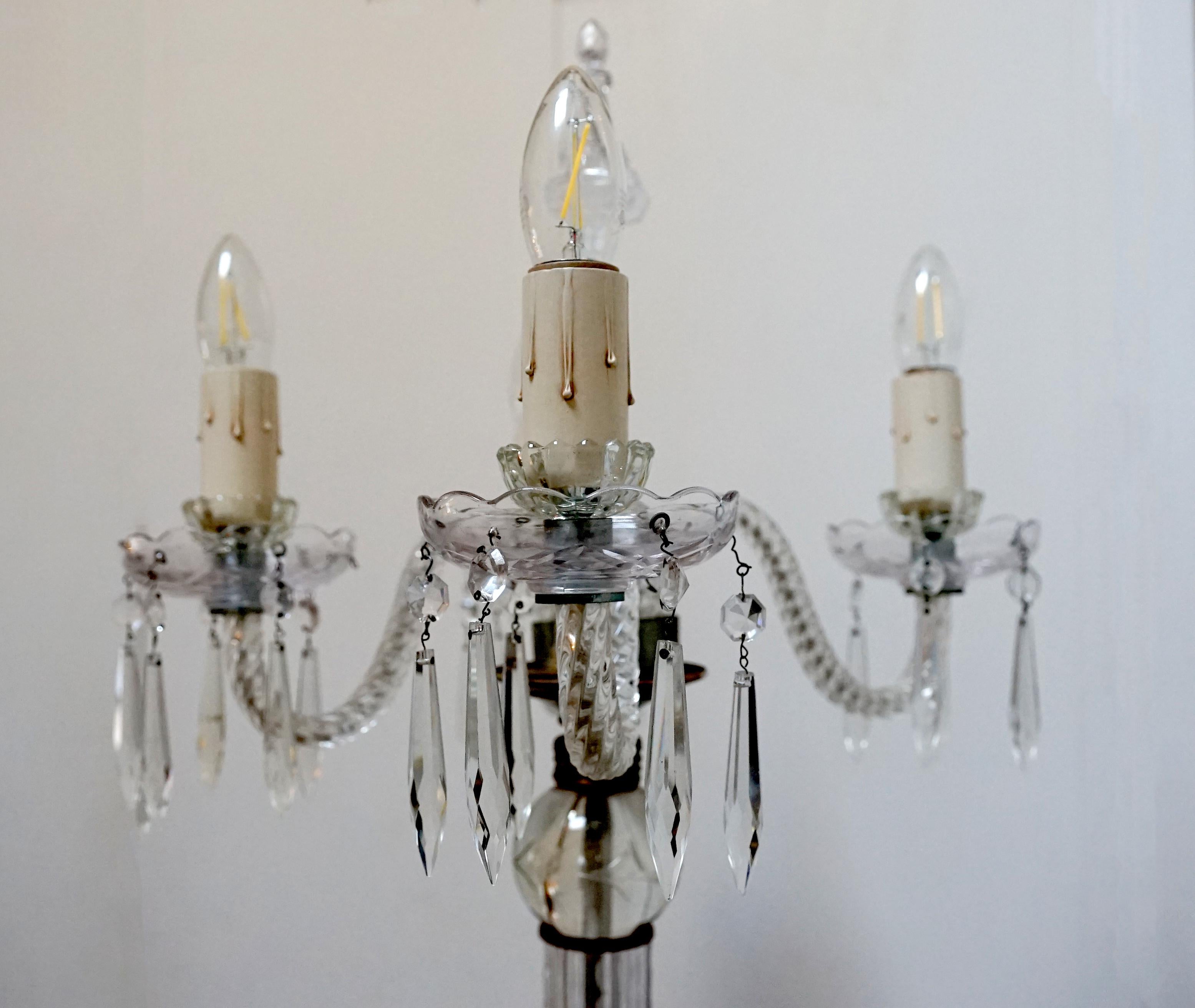 Il s'agit d'un lustre vénitien vintage en verre soufflé à la main, accompagné d'un lampadaire à quatre lumières, vers 1920-1950. L'expert estime qu'il est unique et pourrait provenir de Murano. 
Cette pièce a une histoire. Il s'agit d'un projet de