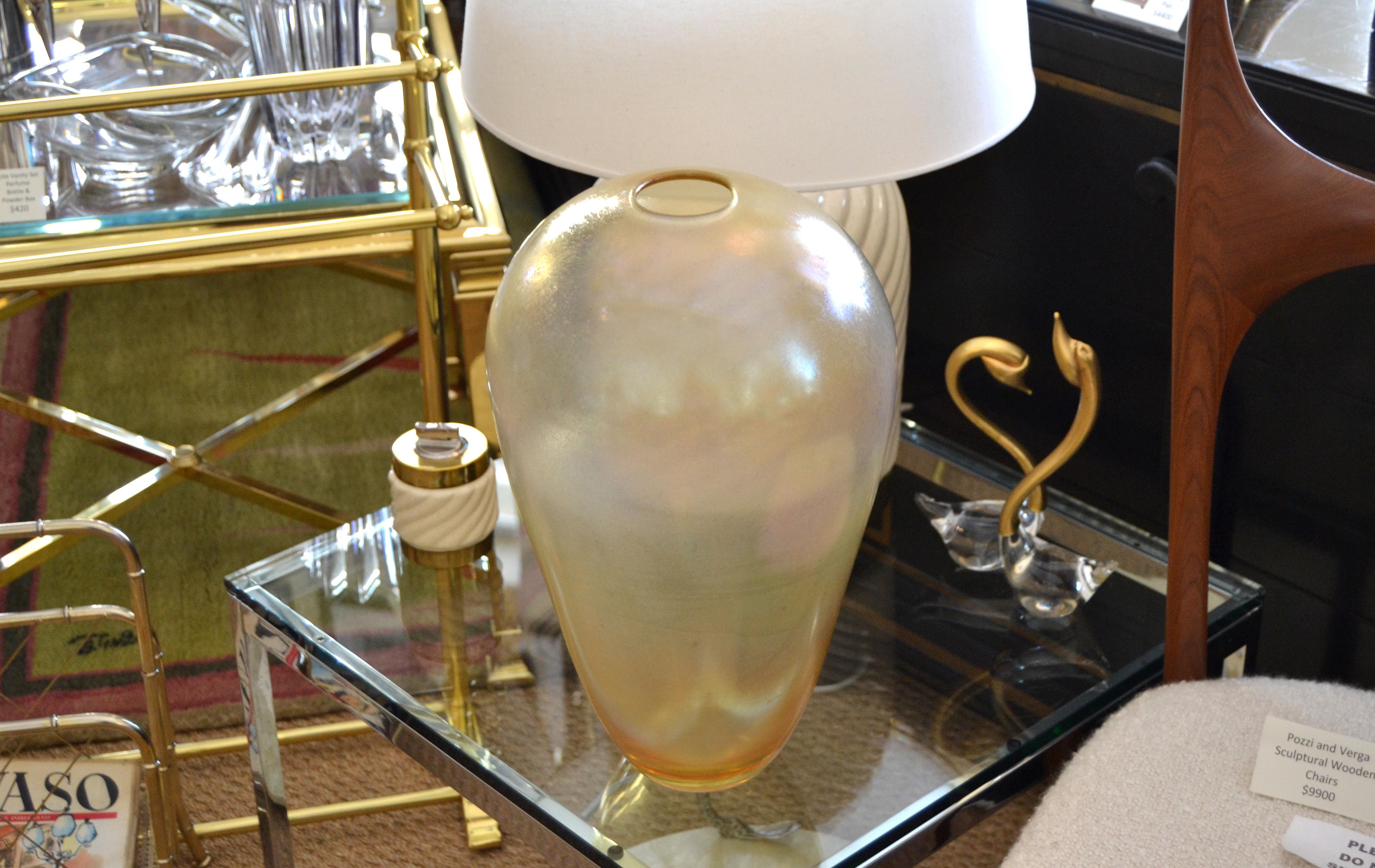 Mid-Century Modern Venetian Murano Translucent Gold Hand Blown Art Glass Tall Flower Vase Italy For Sale