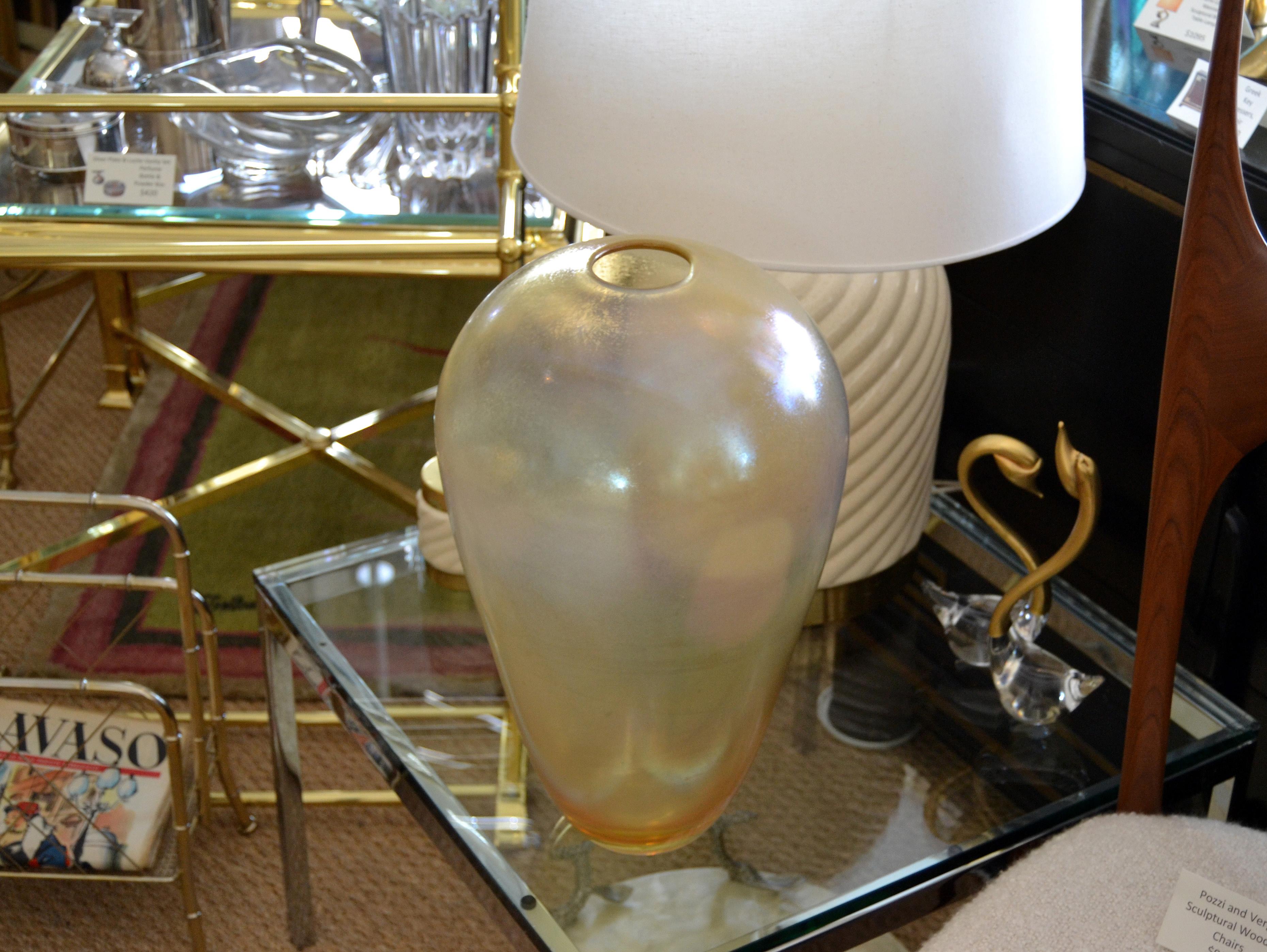 Mid-20th Century Venetian Murano Translucent Gold Hand Blown Art Glass Tall Flower Vase Italy For Sale