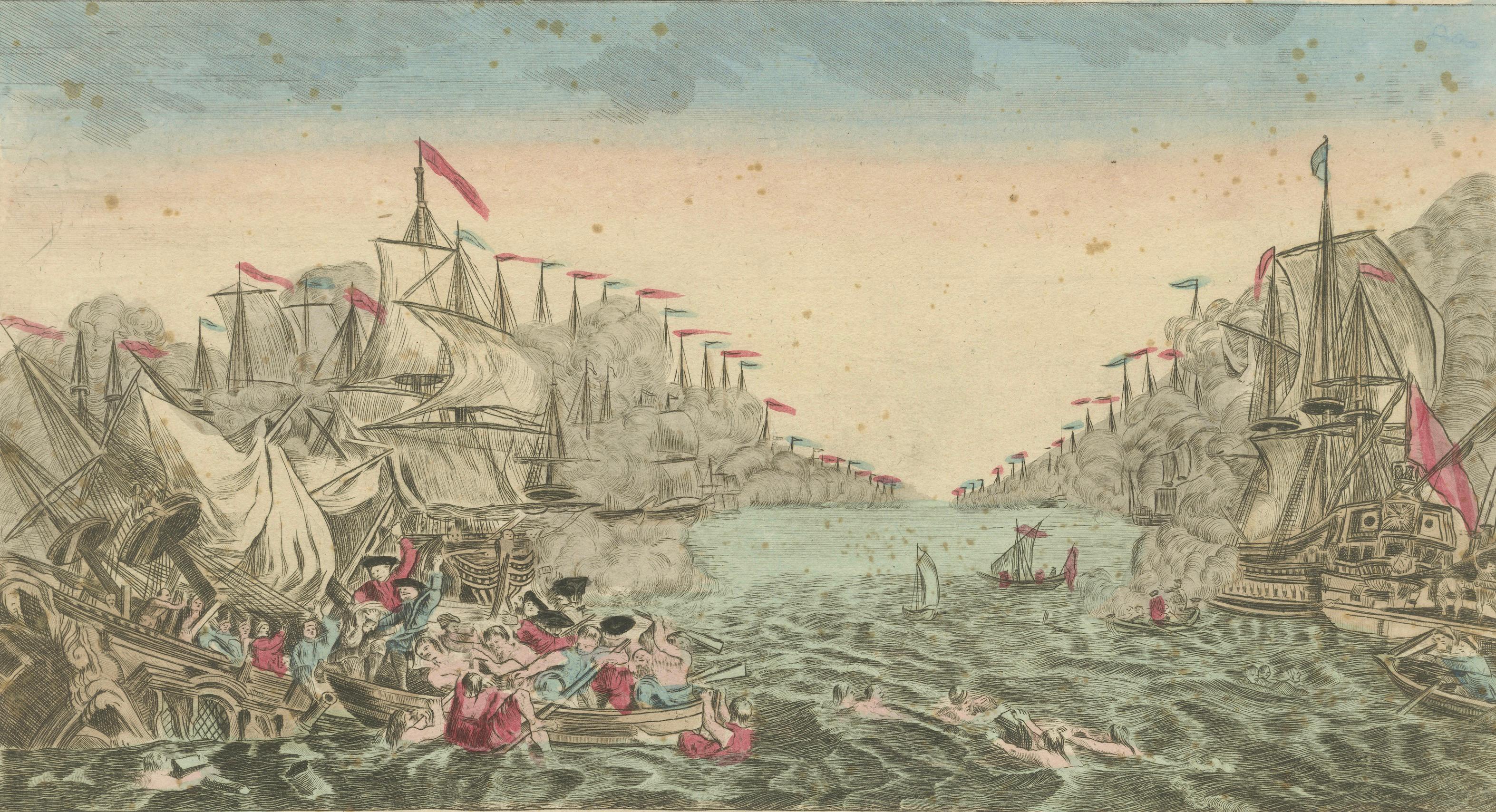 French Venetian Naval Battle Print – Rare Optical Vue of Venice versus Turks, c.1770 For Sale