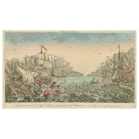 Venetian Naval Battle Print – Rare Optical Vue of Venice versus Turks, c.1770