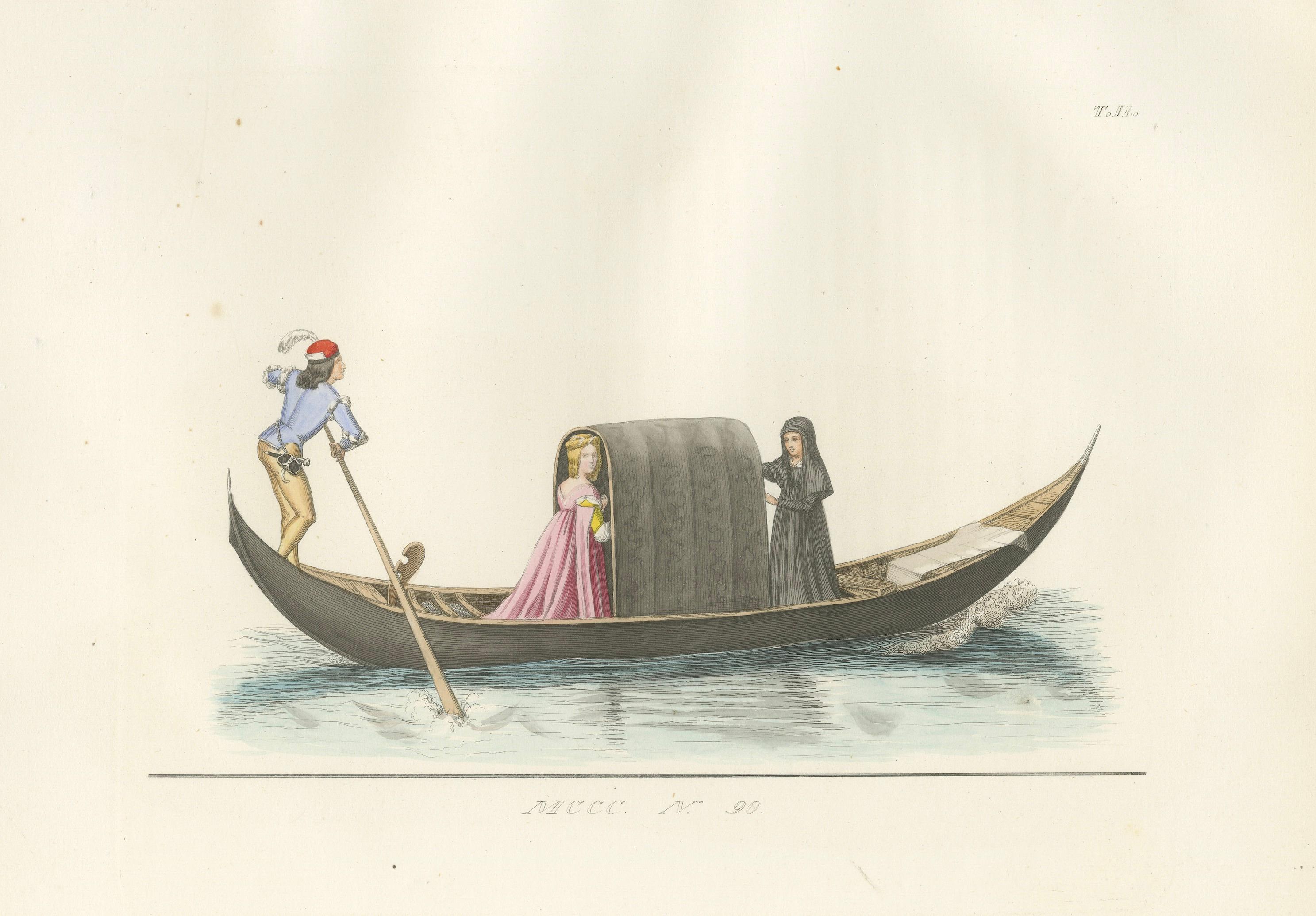 Venetian Noblewoman and Nun in Gondola, Medieval Costume Plate, 1845