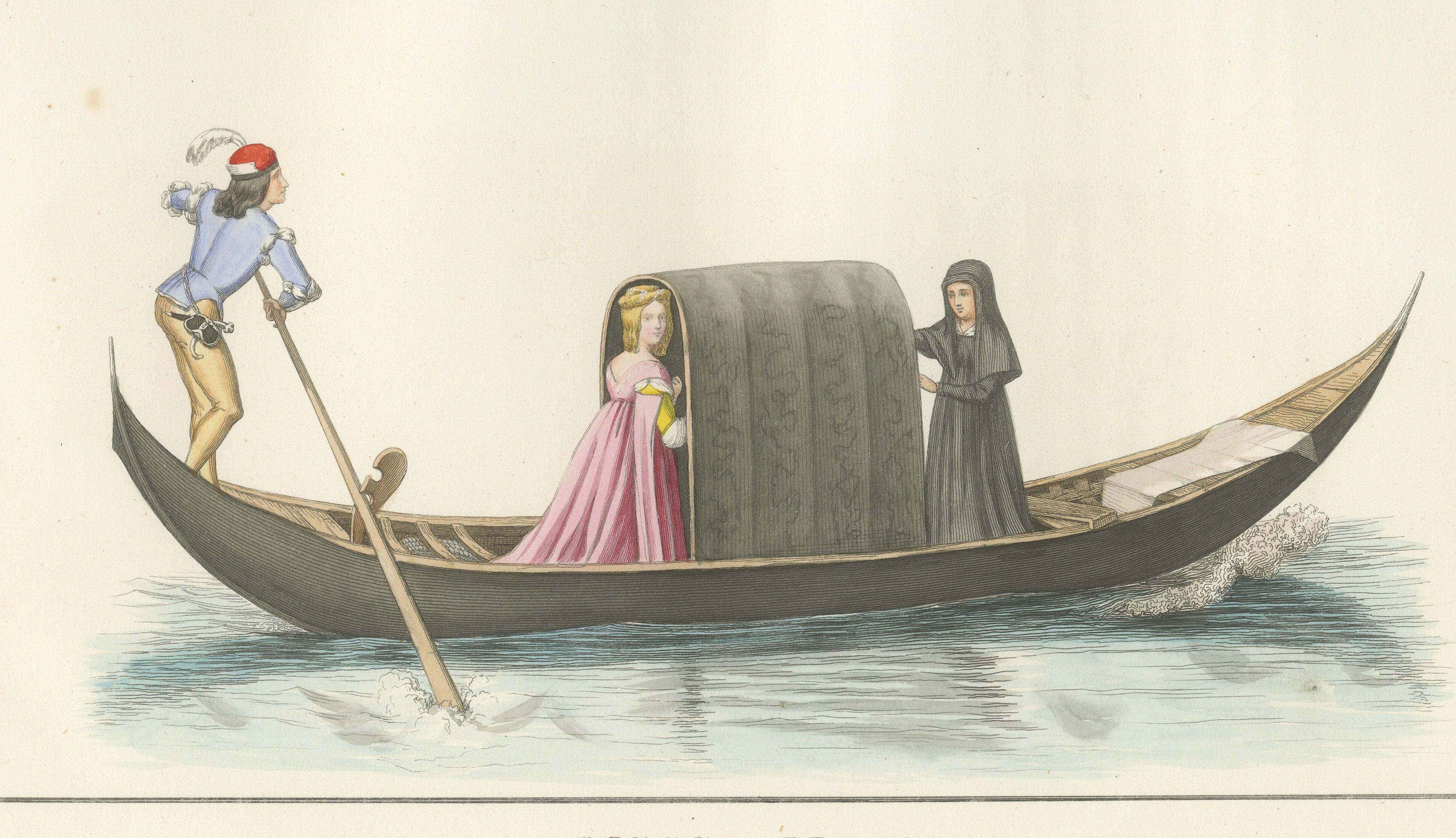 Venetian Noblewoman and Nun in Gondola, Medieval Costume Plate, 1845