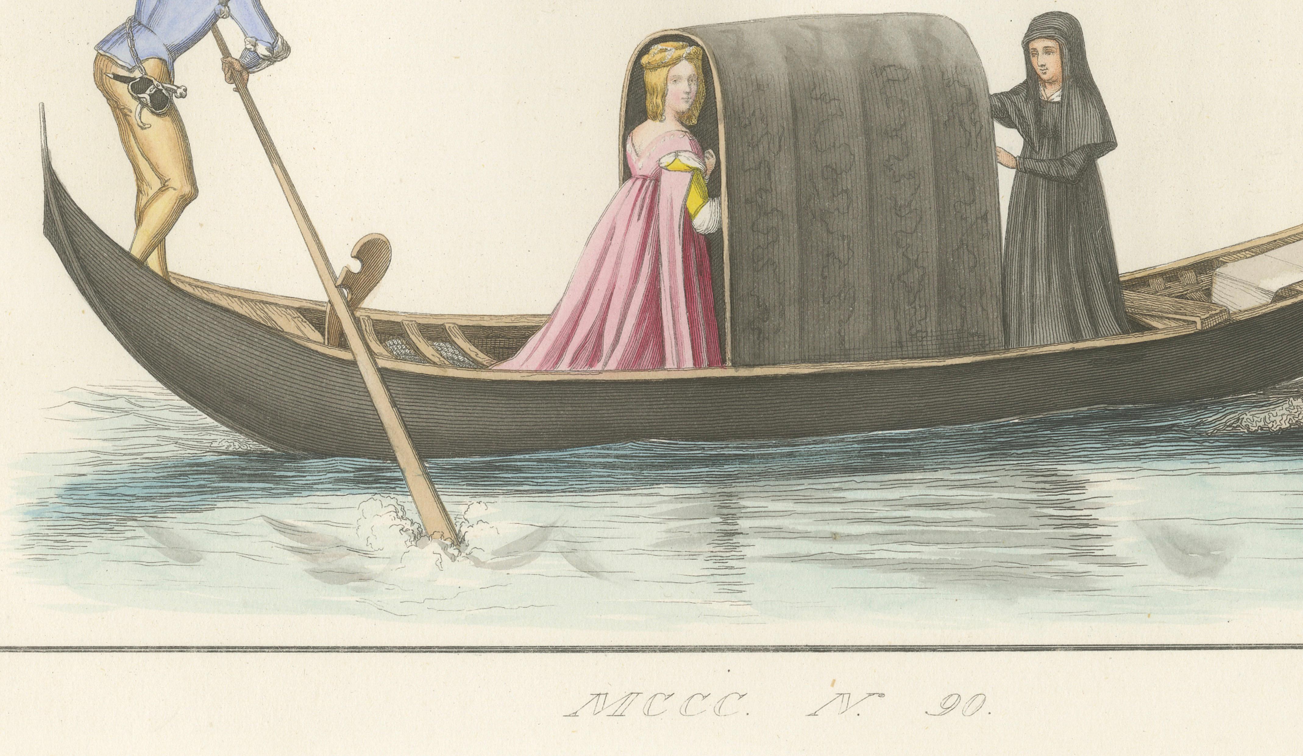 Venetian Noblewoman and Nun in Gondola, Medieval Costume Plate, 1845