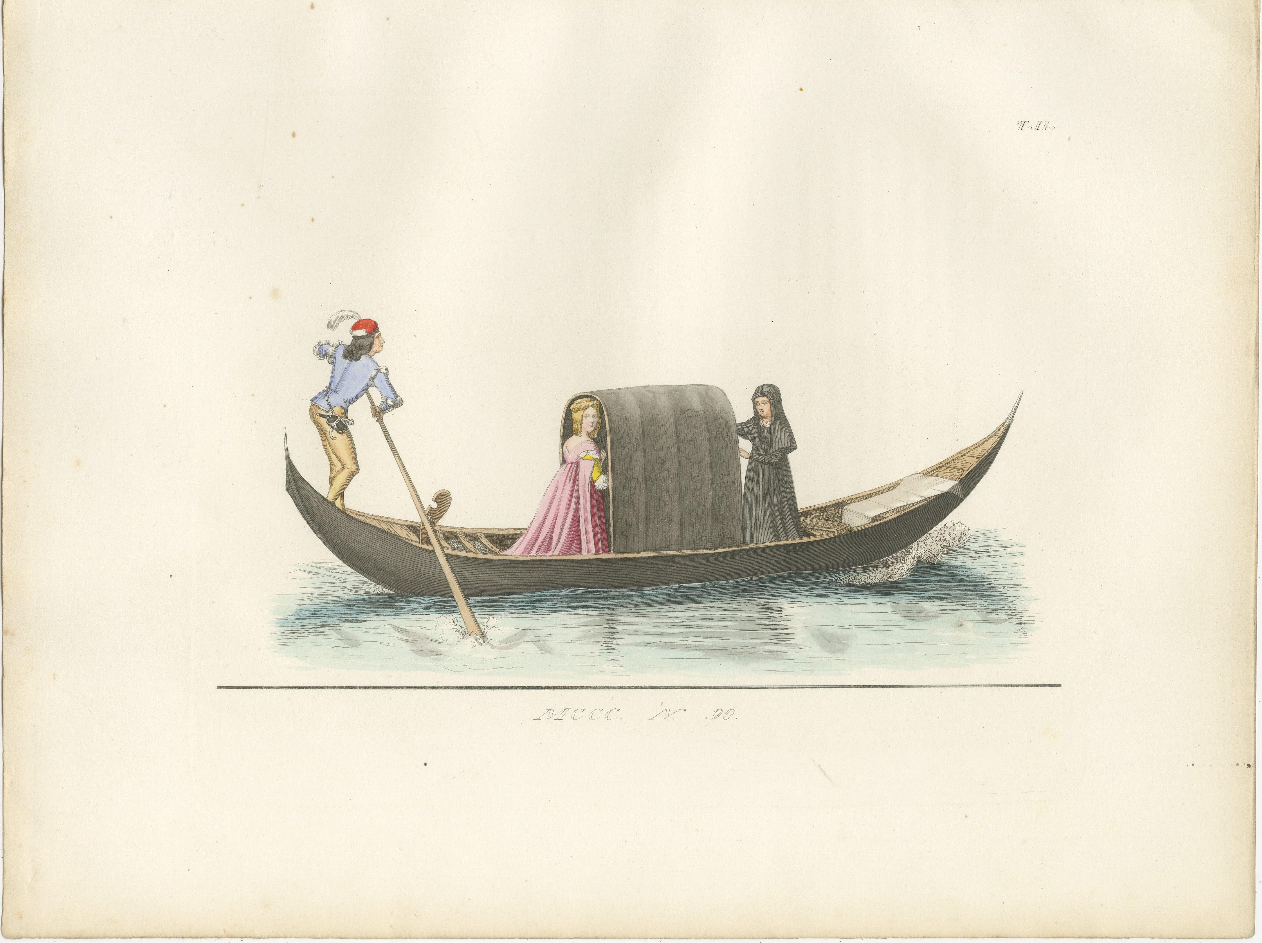 Venetian Noblewoman and Nun in Gondola, Medieval Costume Plate, 1845