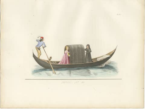 Venetian Noblewoman and Nun in Gondola, Medieval Costume Plate, 1845