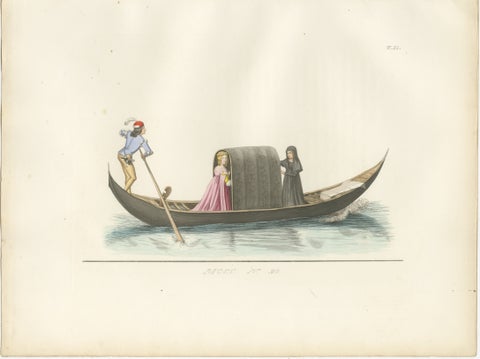 Venetian Noblewoman and Nun in Gondola, Medieval Costume Plate, 1845