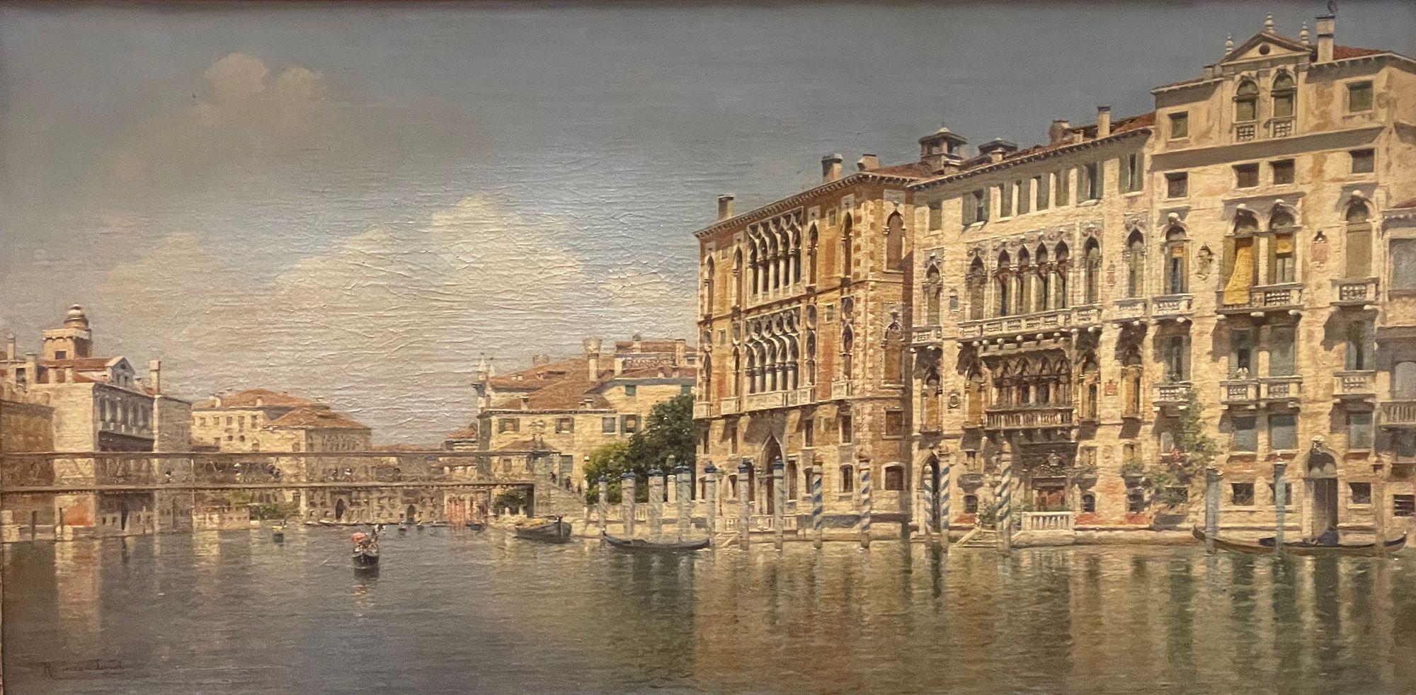 This fine quality 19th-century oil on canvas by E. Perez Senet captures the enchanting beauty of the Grand Canal in Venice. The painting showcases the intricate architecture of the canal’s historic buildings, bathed in a golden light that reflects
